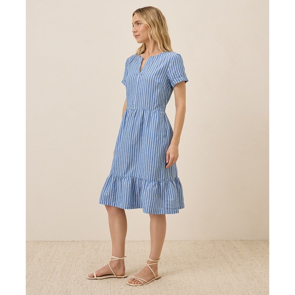 Pact Canopy Linen Blend Notch Neck Striped Midi Dress Blue White L NWOT - Picture 3 of 7